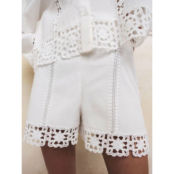 ZARA White Cotton Canvas Crochet Lace Trim High Waisted Shorts, Size XS - Picture 15 of 16